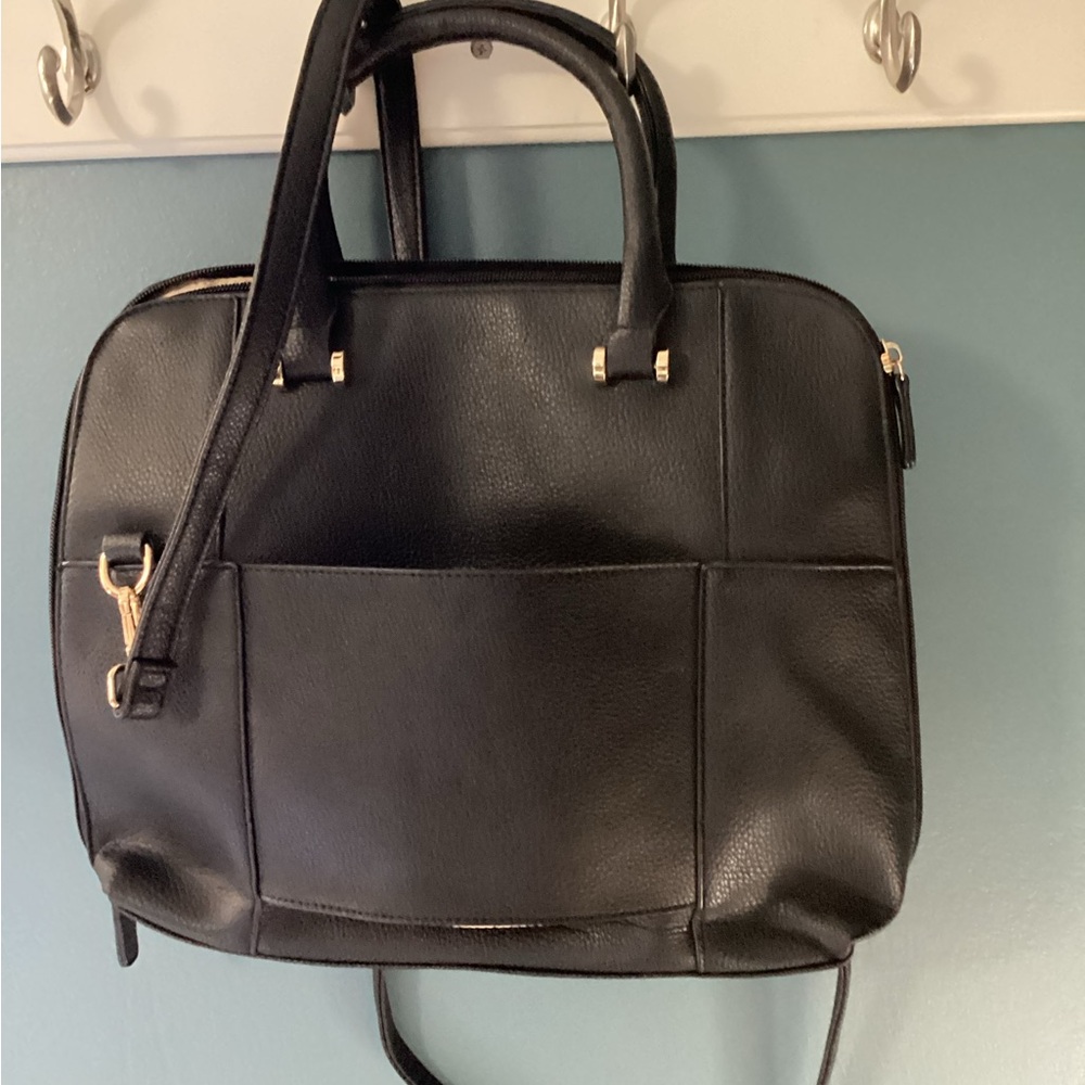 Black Leather Travel Bag With Suitcase Strap - Picture 3 of 5